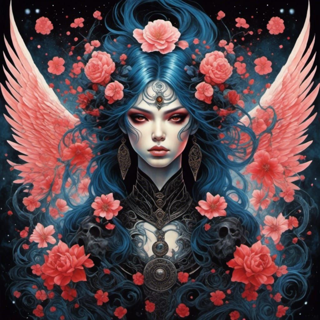 Gothic Anime Goddess with Cosmic Tattoos