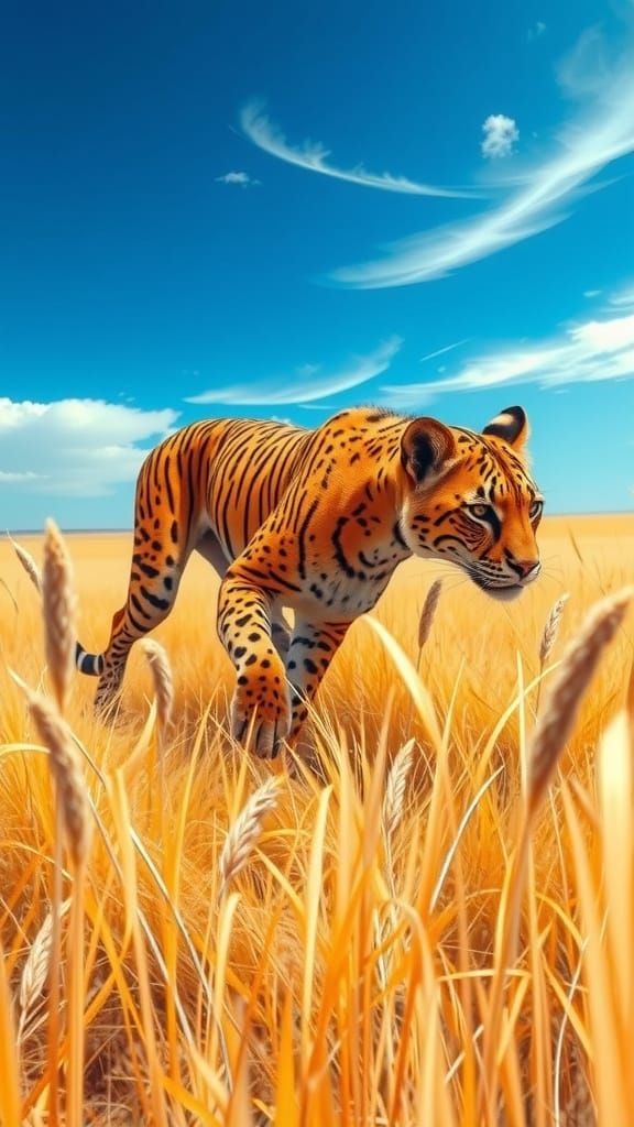 Sleek Striped Predator Roams Vibrant Savannah Landscape