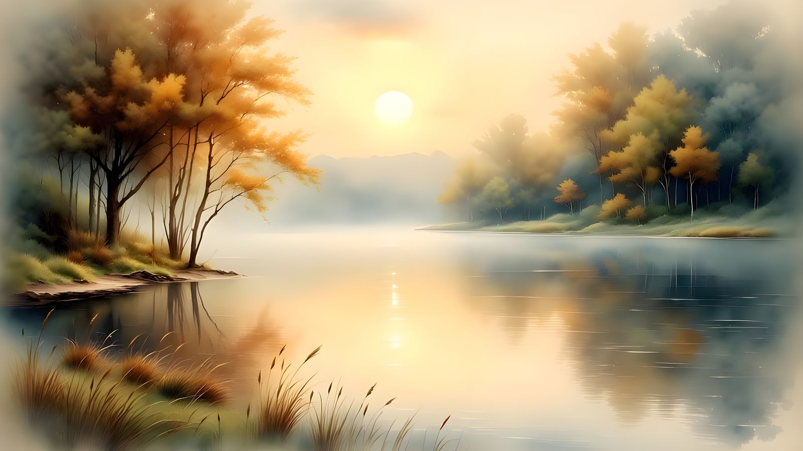 Romantic Watercolor Lake Scene at Sunrise