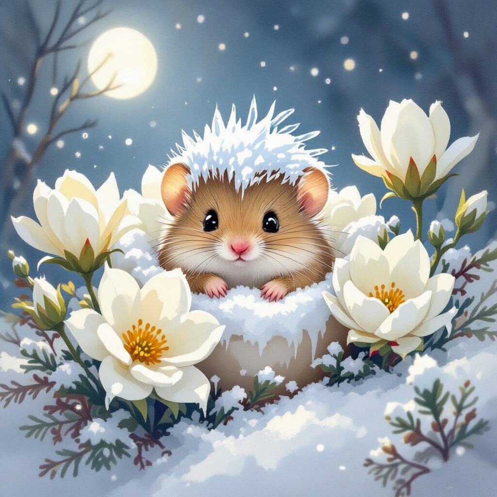 Dormouse in Winter Wonderland with Snow Hairstyle