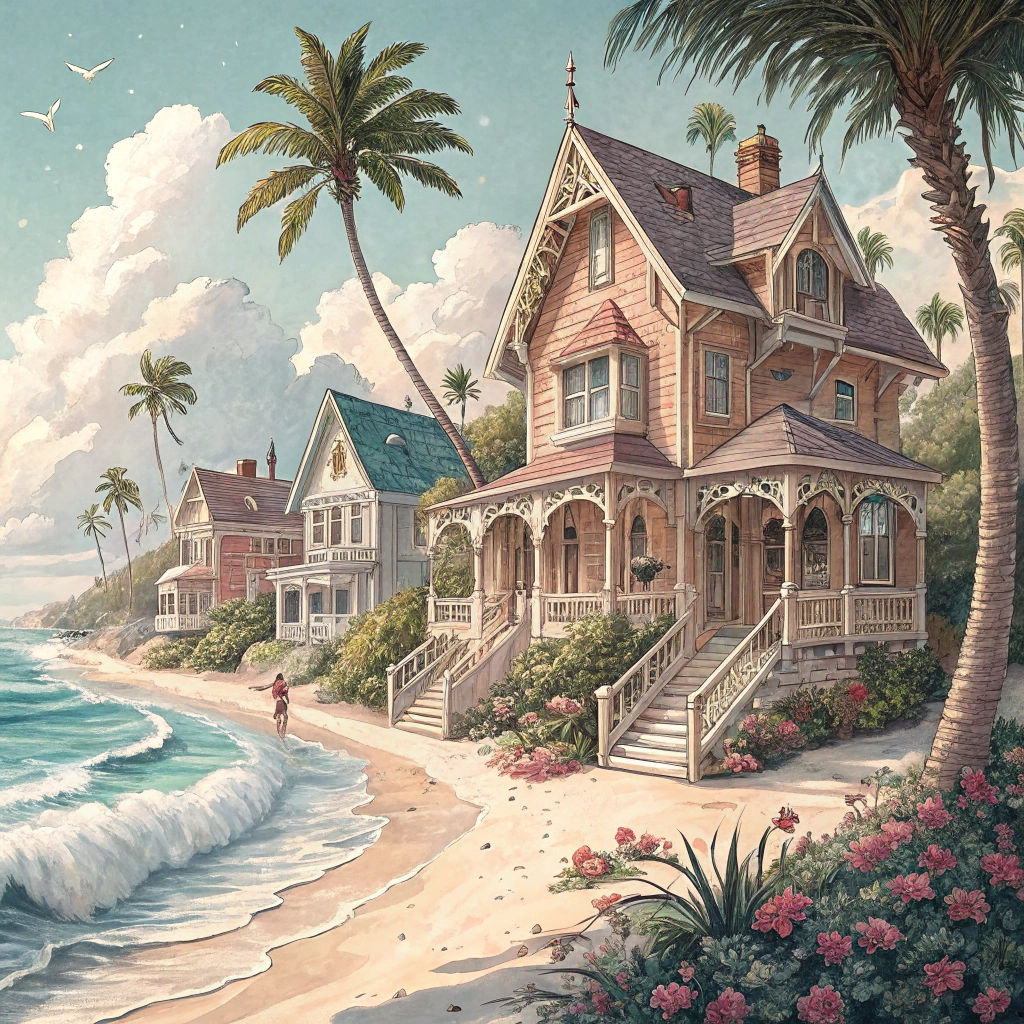 Whimsical Cottages on a Serene Pastel Beach