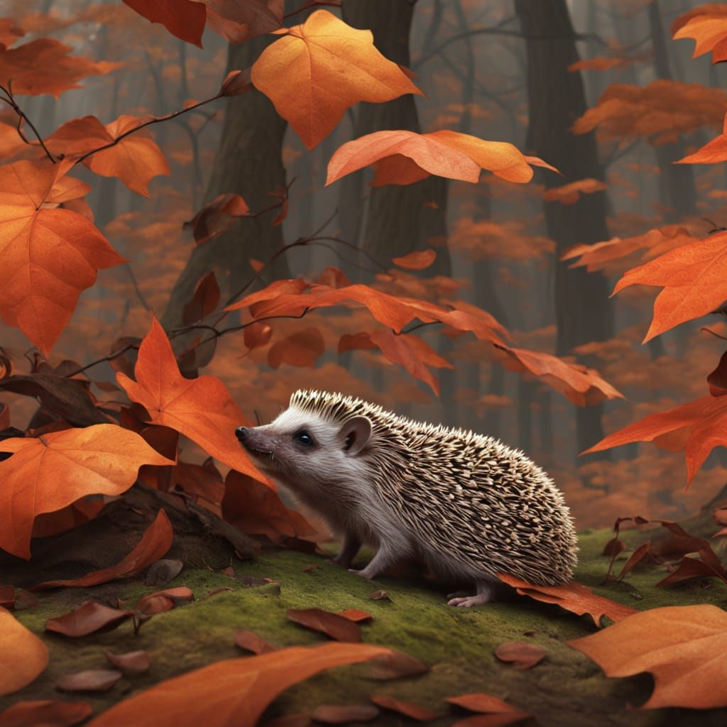 Hedgehog Peeking From Autumn Leaves in Golden Mist
