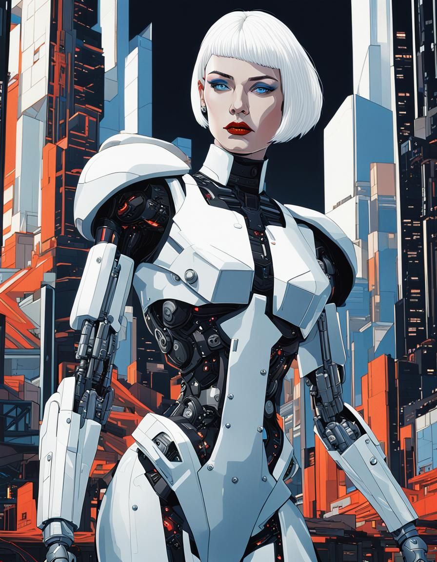 Gorgeous Cyborg with Mechanical Arms in Futuristic City