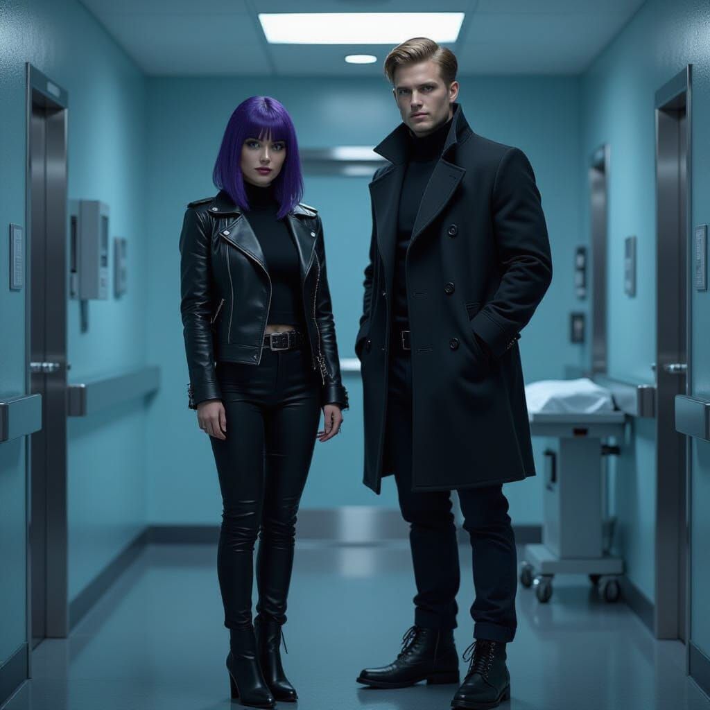 Violet Haired Woman in Futuristic Noir Style