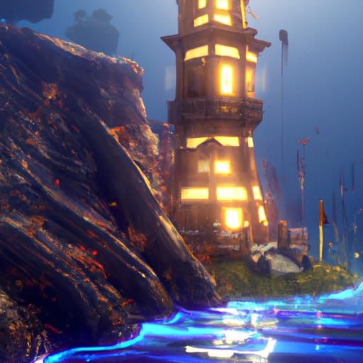 Underground Lake Lighthouse in Dark Fantasy Style