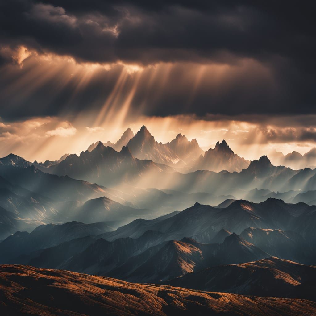 Majestic Mountain Range Under Dramatic Golden Hour Sky