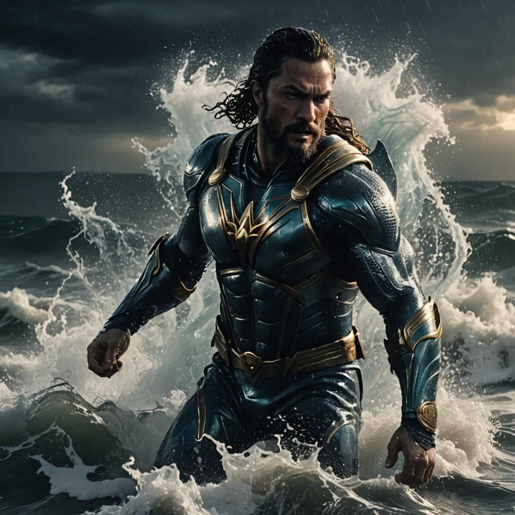 Aquaman Emerges from Stormy Ocean: Film Noir Style