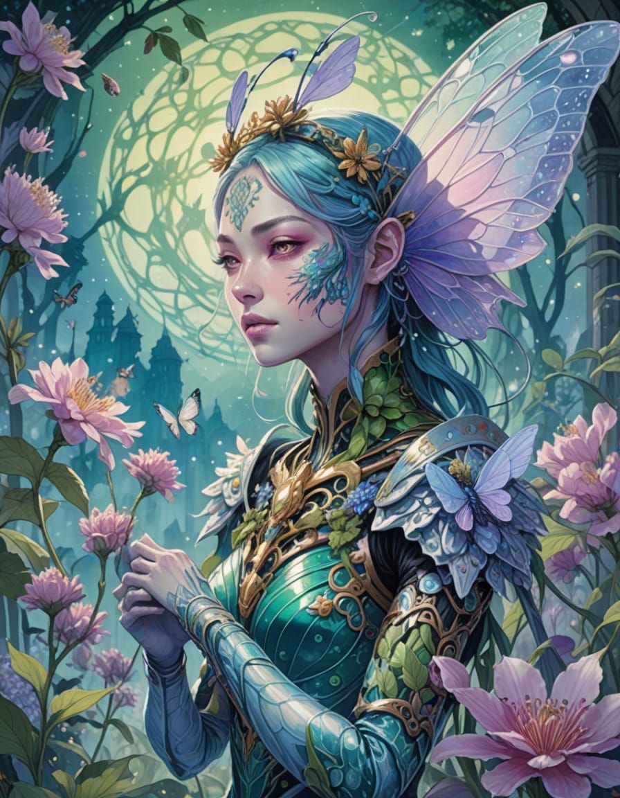 Insectoid Woman in Dreamy Landscape: Manga Watercolor