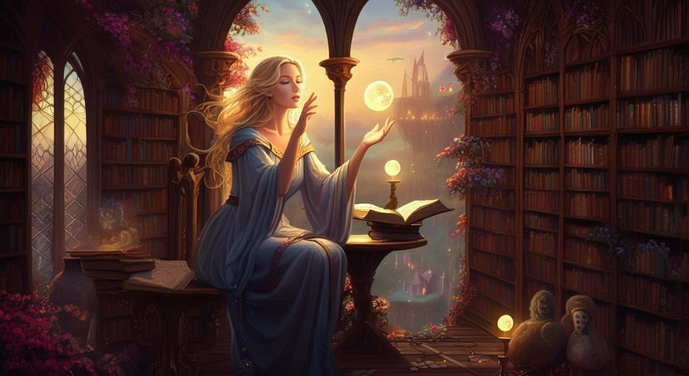 Mystical Sorceress in Golden Hour Library