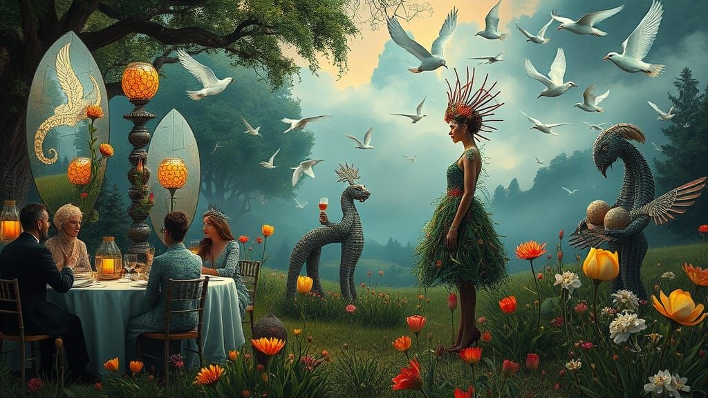 Surreal Garden Party in Dreamlike Fantasy Style