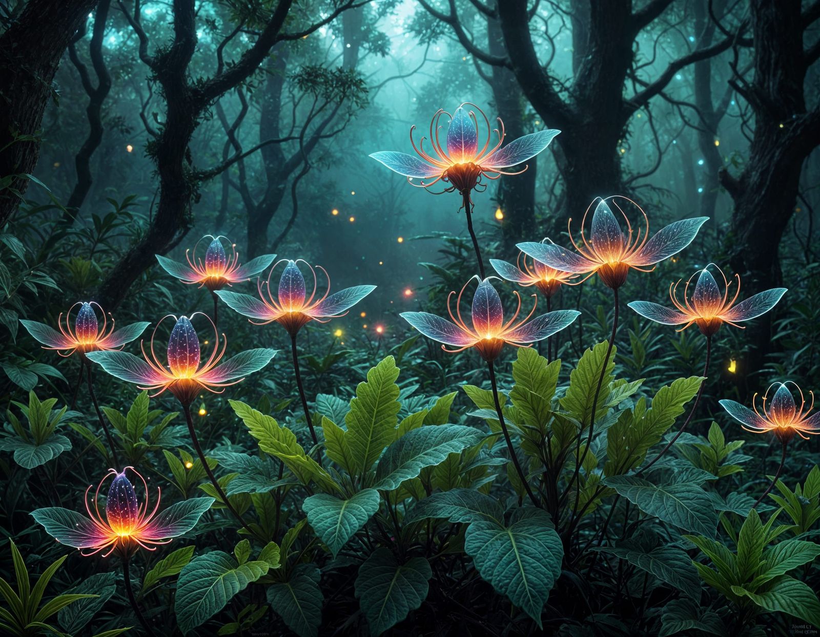 Bioluminescent Fractal Plant in a Fantasy Forest