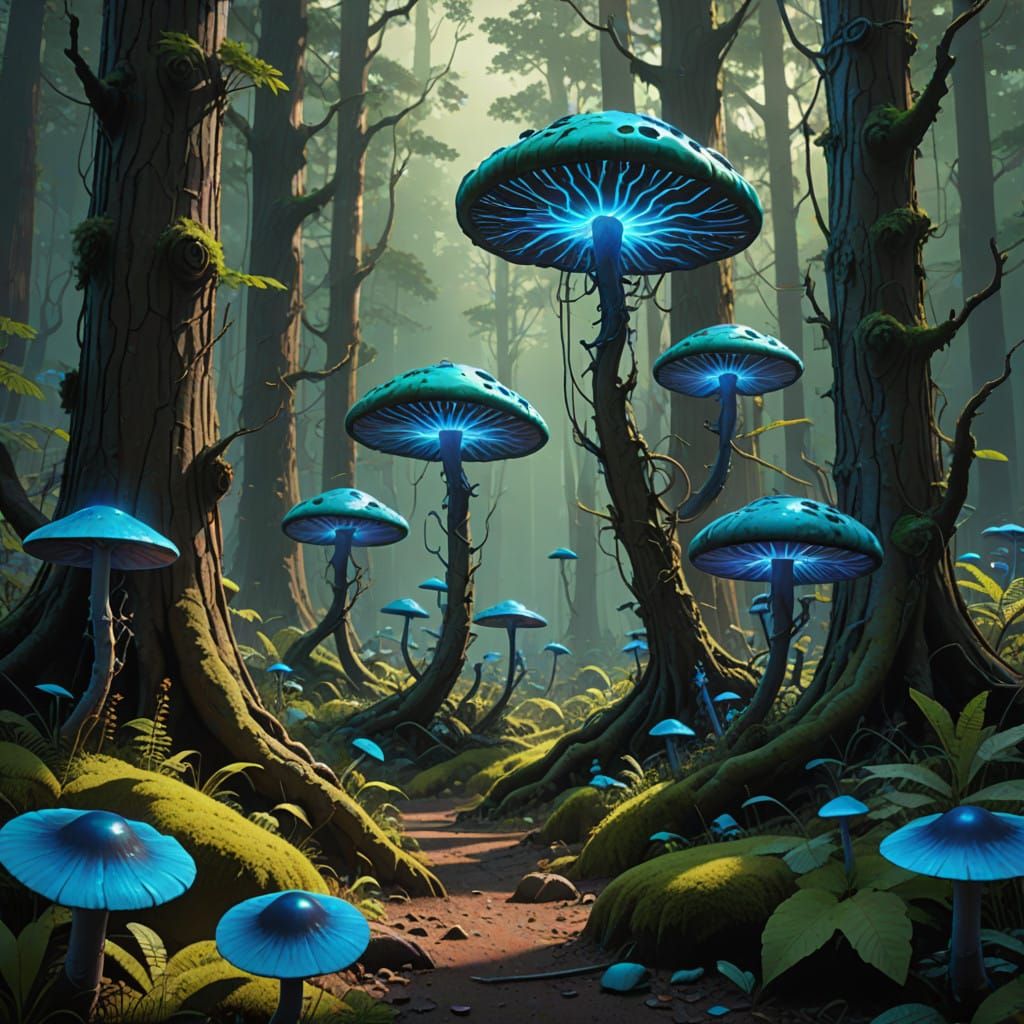 Electric Dreamscape: Glowing Forest with Towering Fungi