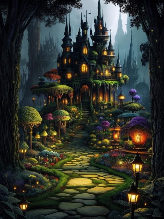 Magical Botanical Garden Ink Drawing