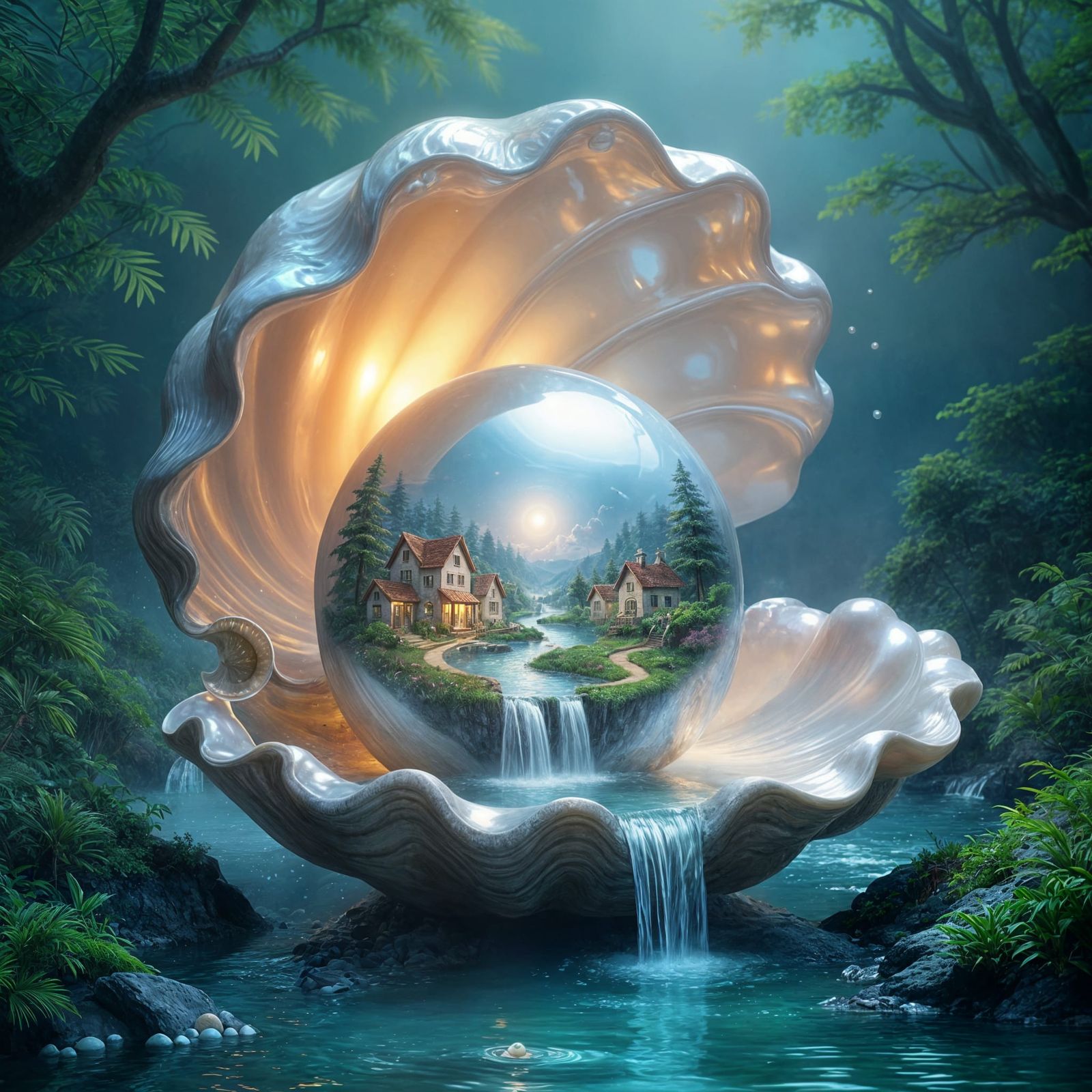Seashell Holds Miniature Village Inside Giant Pearl