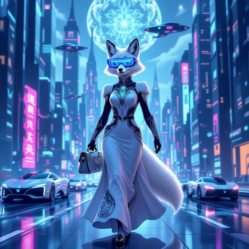 Arctic Fox in Futuristic City, Digital Art