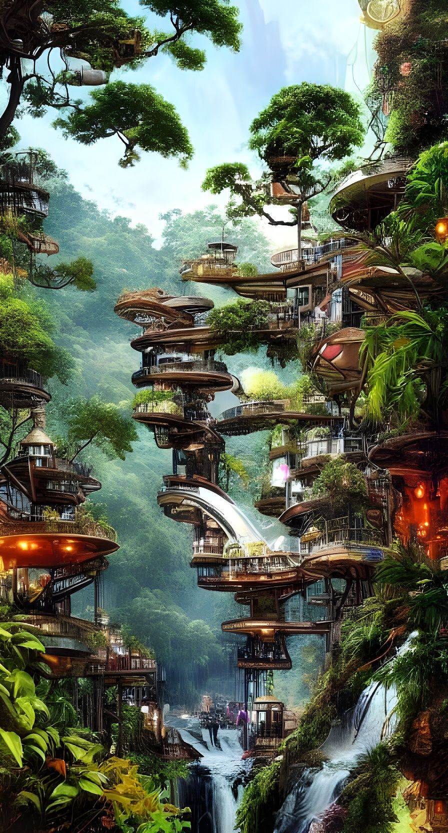 Steampunk City in Jungle with Sakura Trees