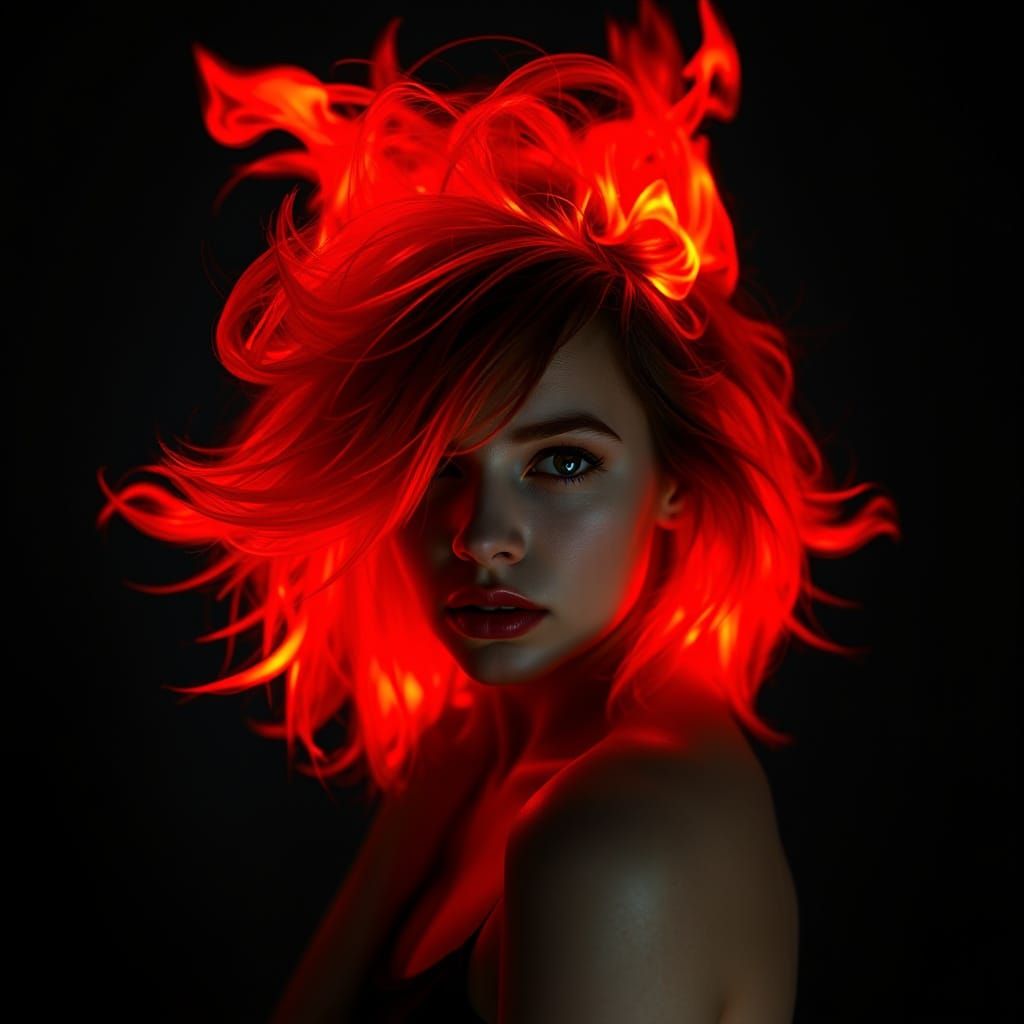 Woman with Fiery Hair in a Dark Environment