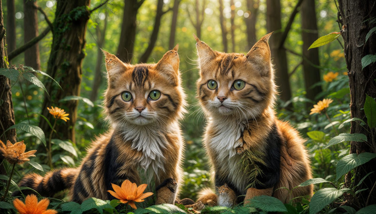 Majestic Orange and Black Striped Felines in Enchanted Fores...