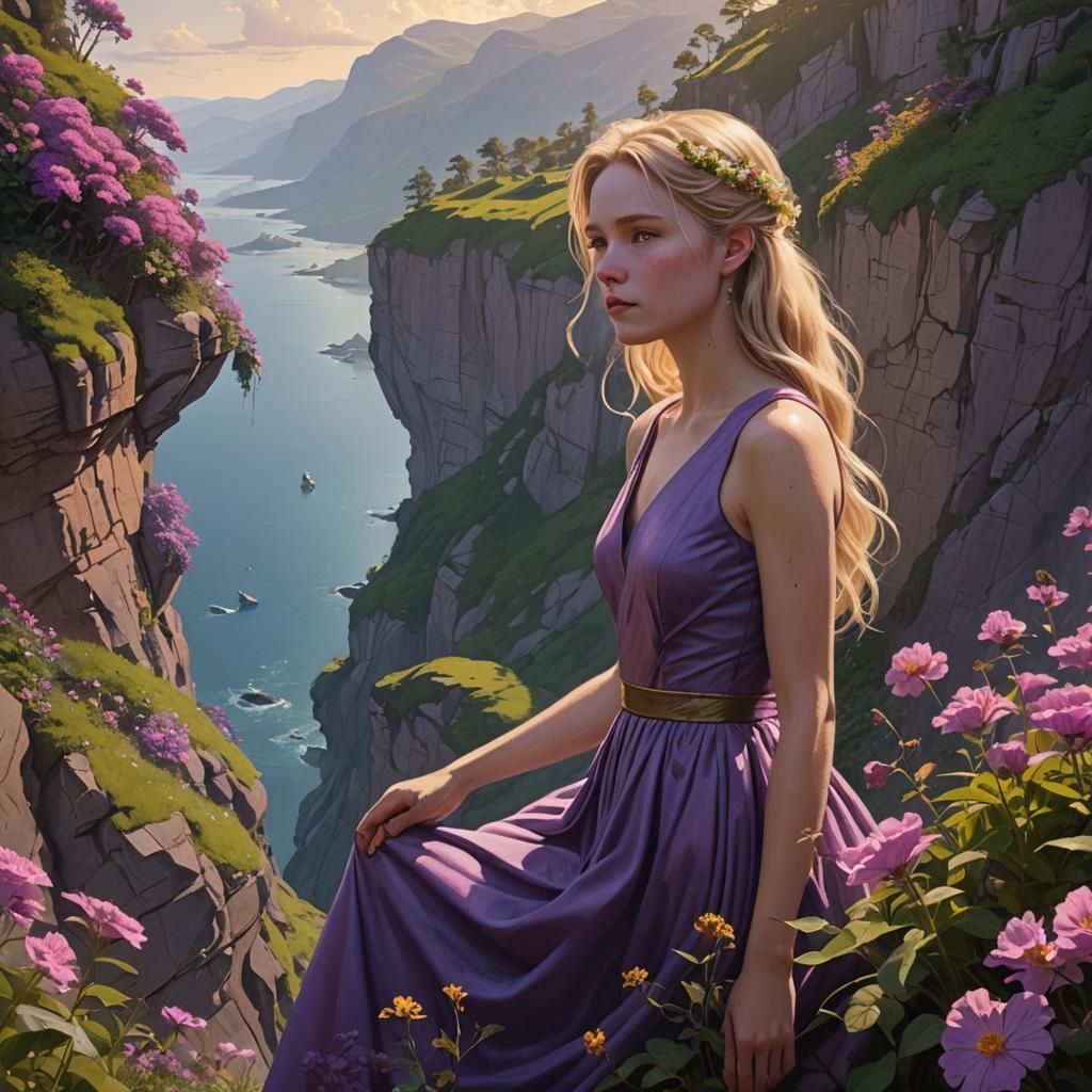 Girl on Cliffside in Fantasy Concept Art Style