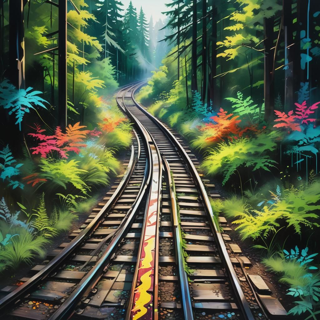 Graffiti Train Tracks Through Forest in Street Art Style