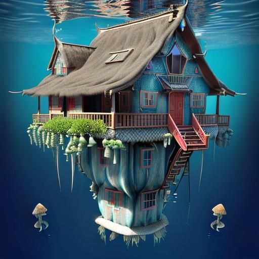 Underwater Stilt House with Jellyfish in 3D Shading