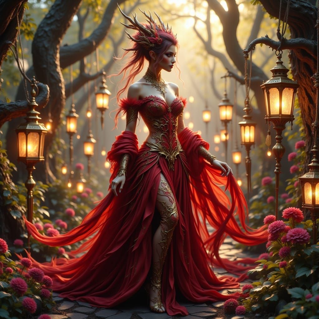 Dragon Woman Dancing in Enchanted Forest, Art Nouveau