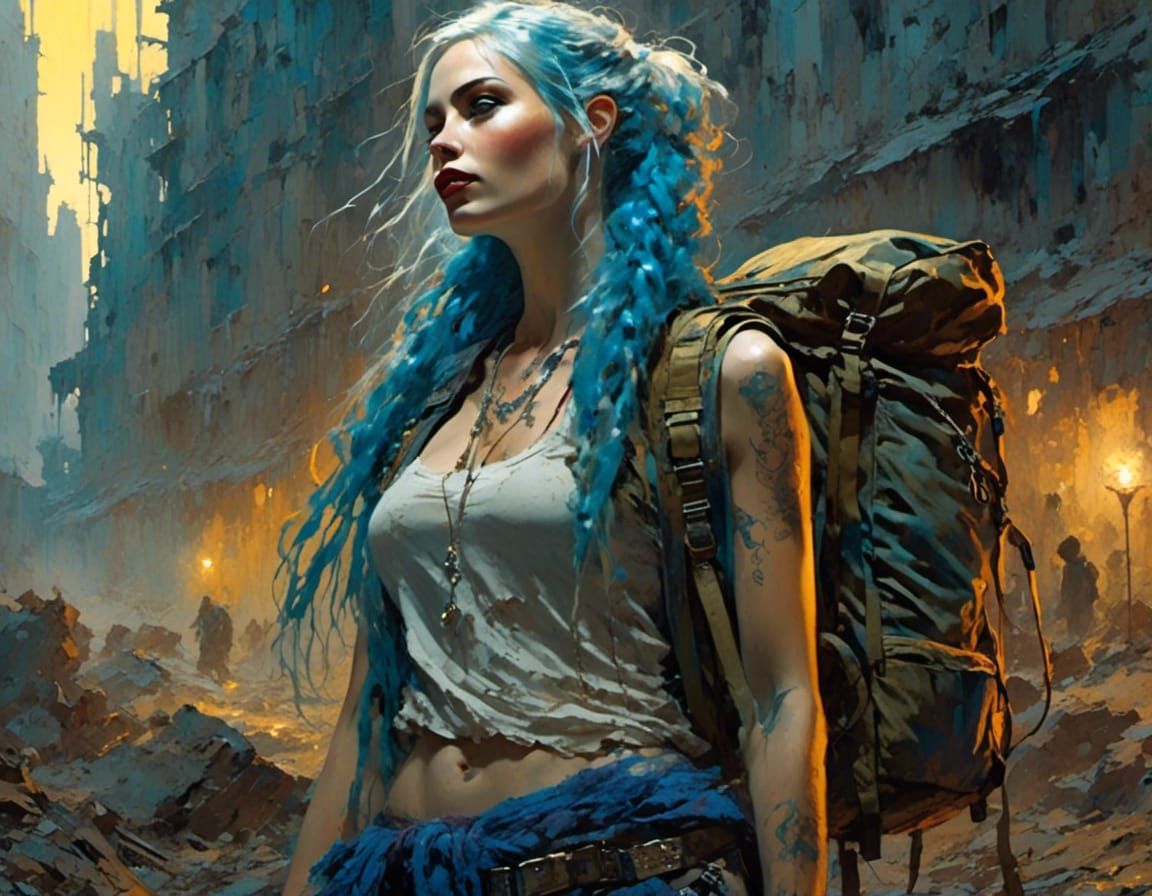 Post-Apocalyptic Woman with Blue Hair in Comic Style