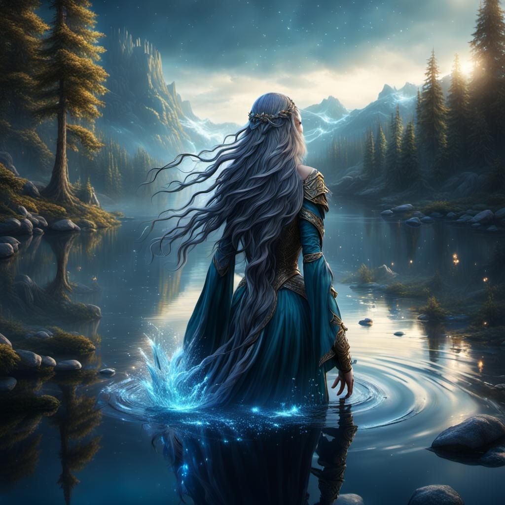 Water Nymph Enters Sparkling Lake in Digital Art