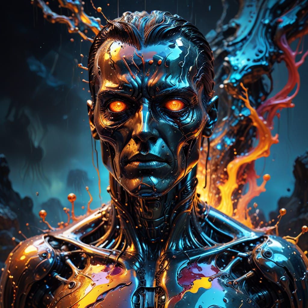 Cyborg Terminator in a Melting Surrealist Landscape