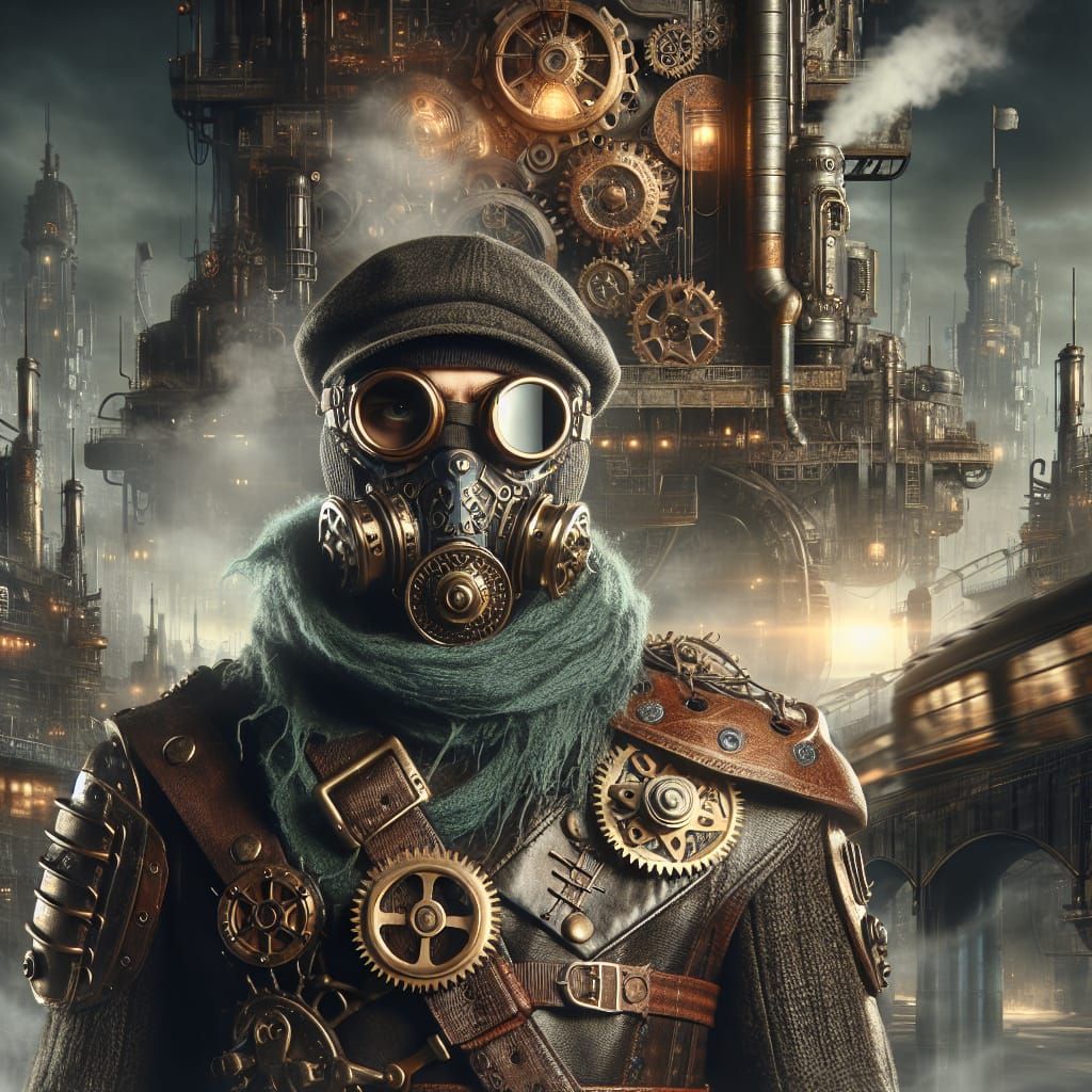 Steampunk Ninja in Dystopian Cityscape