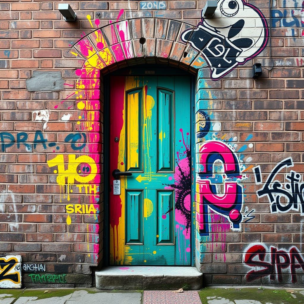 Graffiti Door in Brick Wall with Street Art