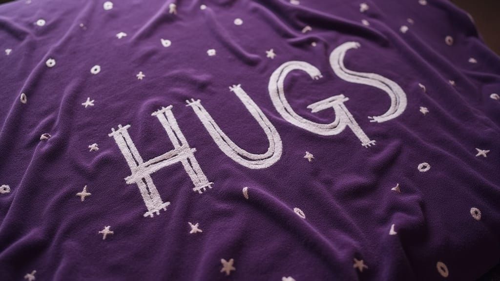 Cozy Purple Blanket with "HUGS" Pattern in Whimsical Style
