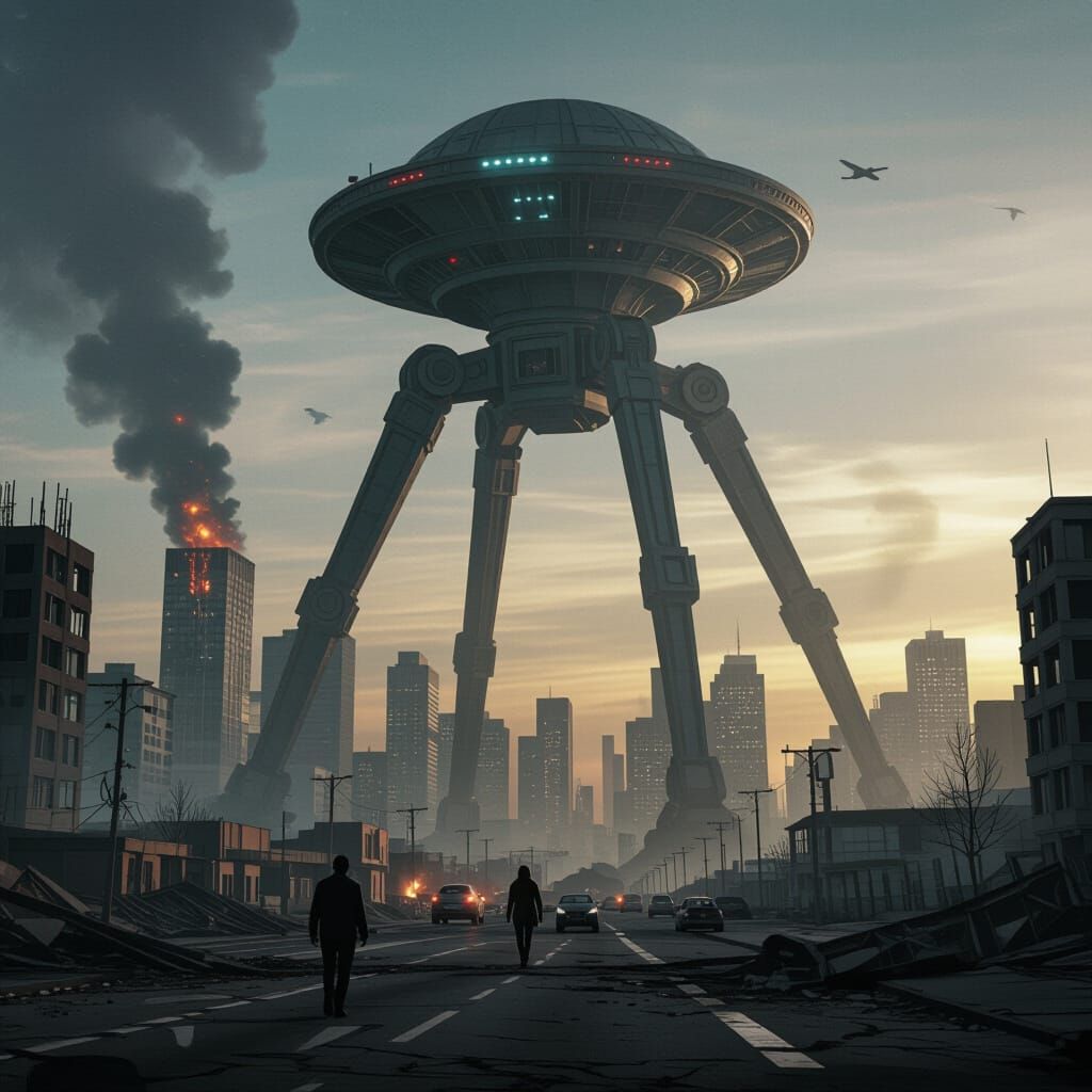 Apocalyptic City Dominated by Giant Alien Tripod
