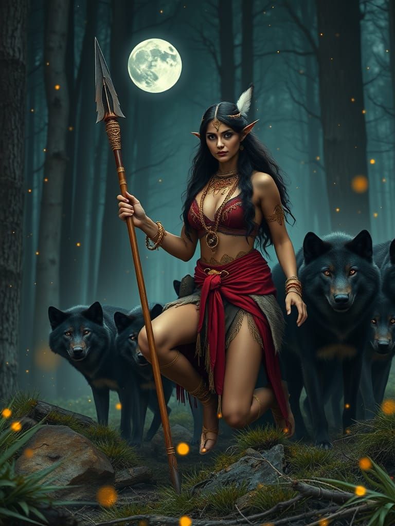 Native American Woman with Wolves in Moonlit Forest
