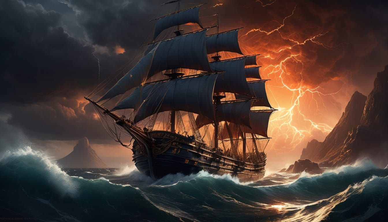 Roman Ship Battles Mediterranean Storm at Sunset