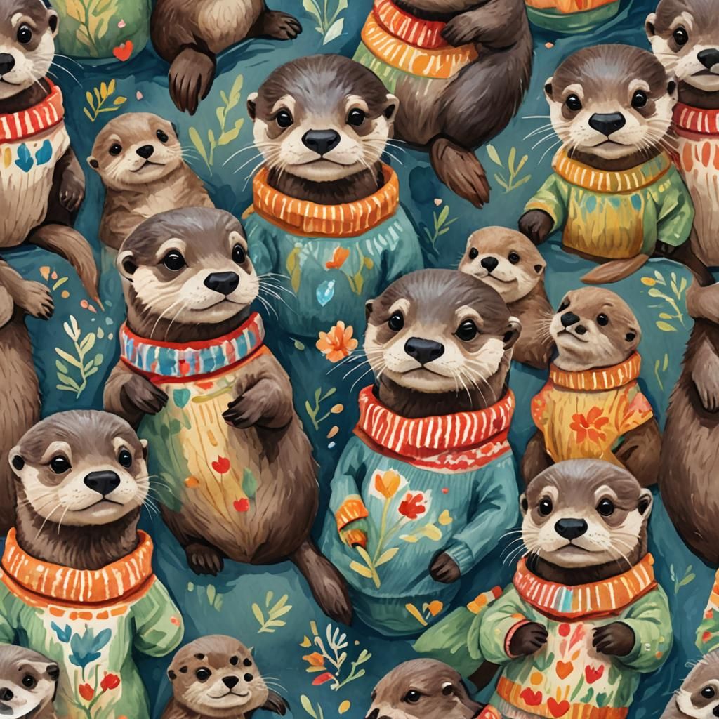 Baby Otters in Sweaters: Gouache Watercolor Painting
