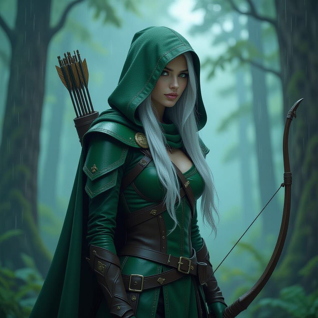 Elven Archer in Rainy Forest, Mystical Digital Art