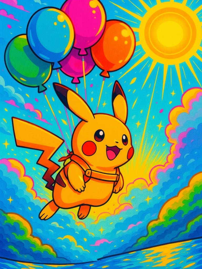 Pikachu with Balloon Harness in Neon Felt-Tip Style