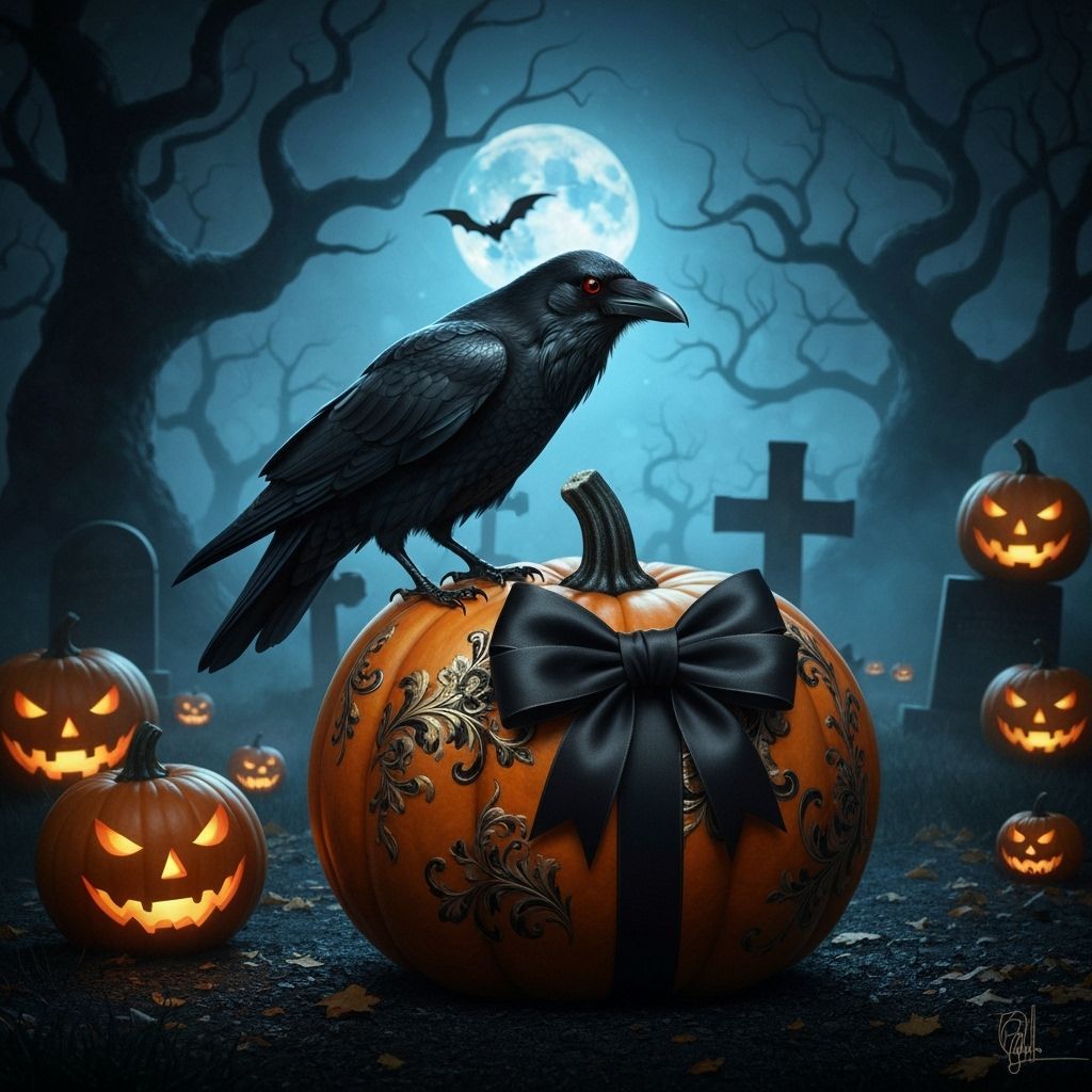Halloween Graveyard Raven on Decorated Pumpkin