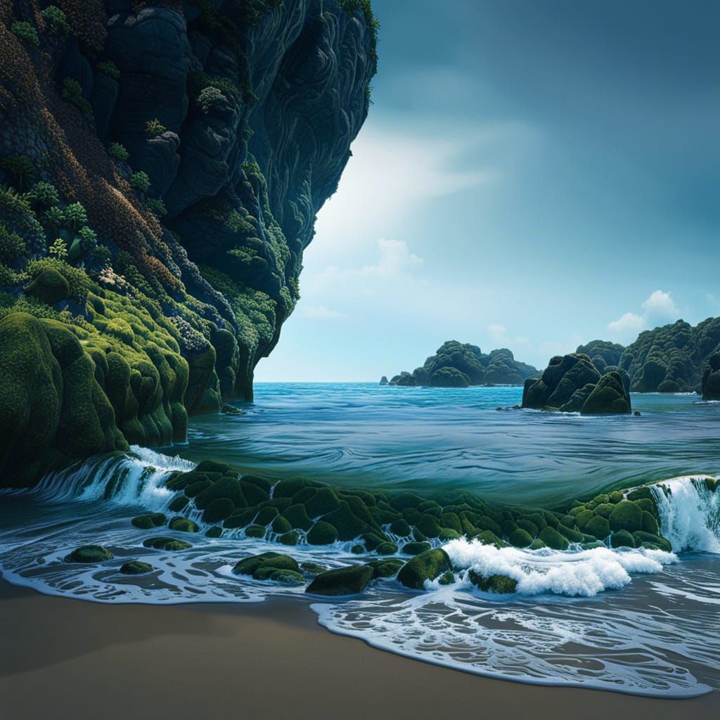 dreamy [Rocky shore] covered in algae on a beach Dreamy, Surreal, maximalist, playful lighting, intricate hyper-detailed...