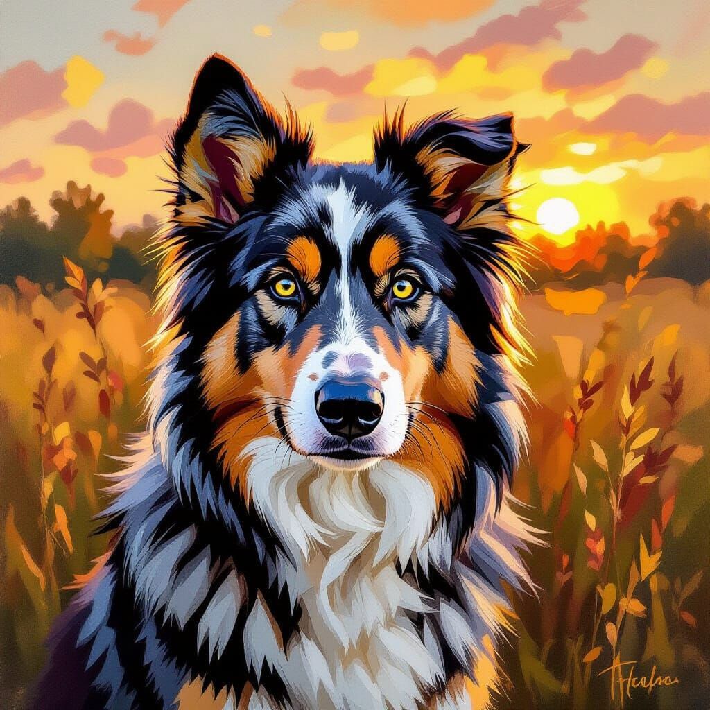 Realistic Wolf Australian Shepherd Oil Painting with Impasto...
