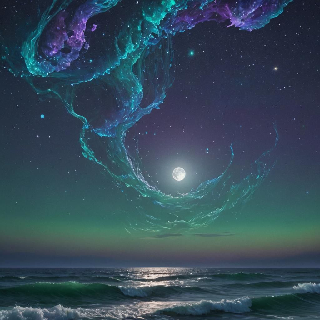 Bioluminescent Moon Over Neon Waves: Surreal Dreamscape