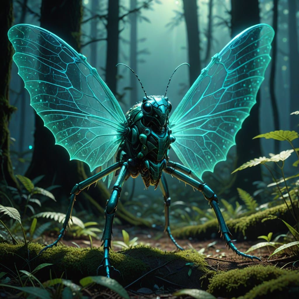 Bioluminescent Insectoid Creature in Misty Forest