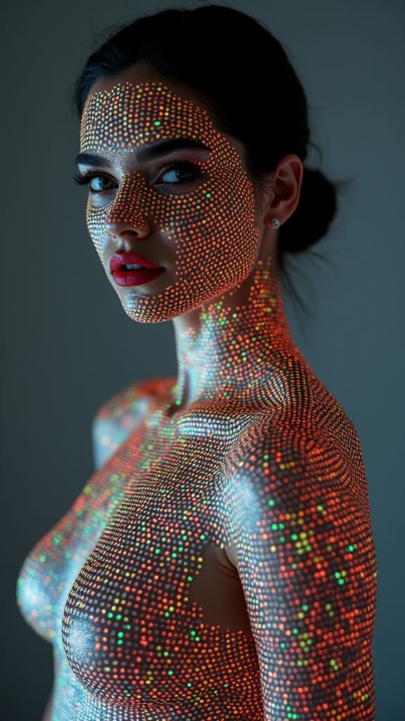 Futuristic Woman in Vibrant, Pixelated Holographic Effect
