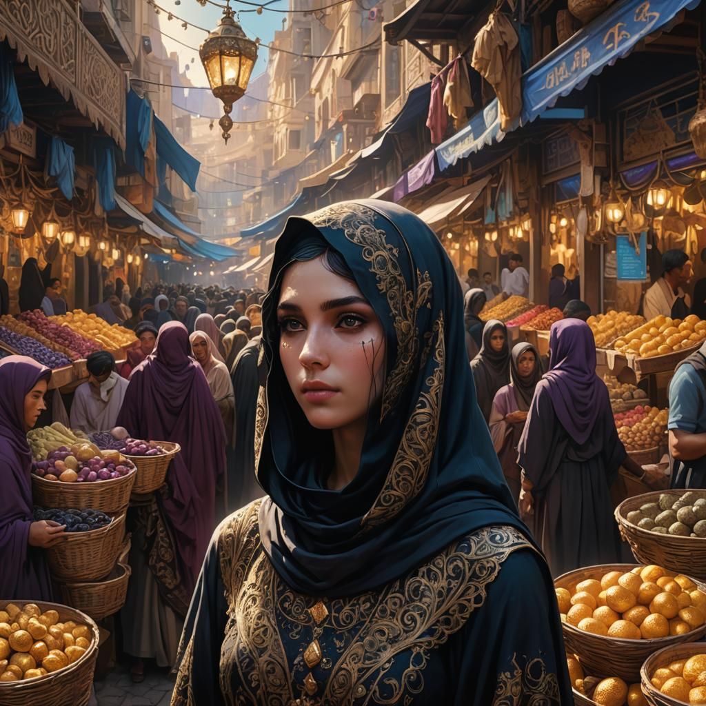 Girl in Black Veil at Crowded Market