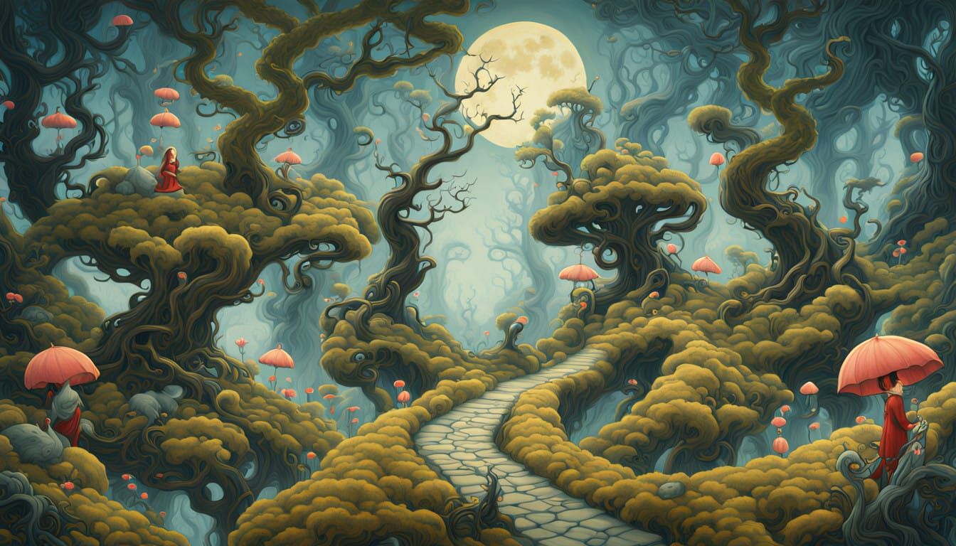 Enchanted Forest Under Silvery Moonlight in Whimsical Artist...