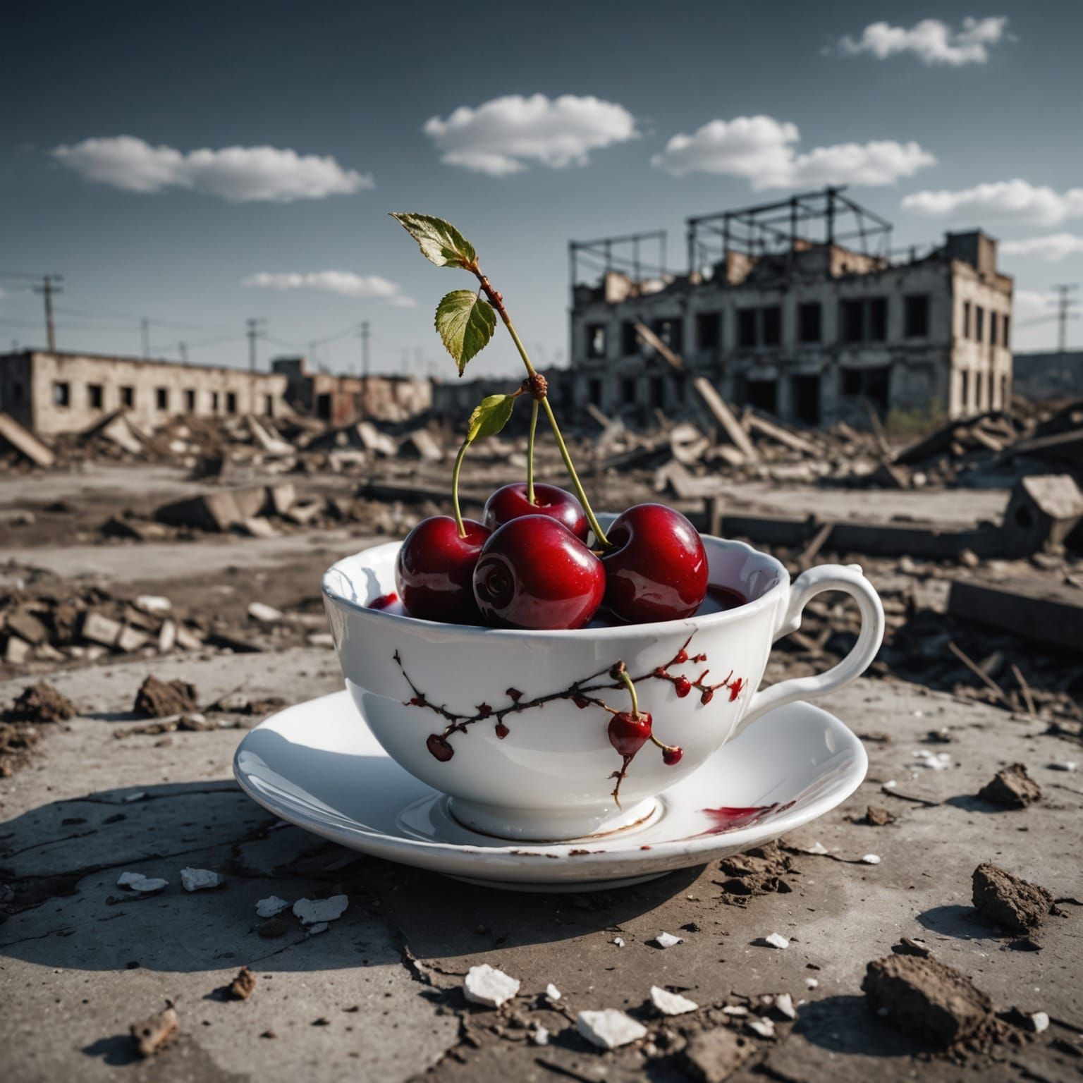 Single Cherry in Wasteland Teacup: Hyperrealistic HDR
