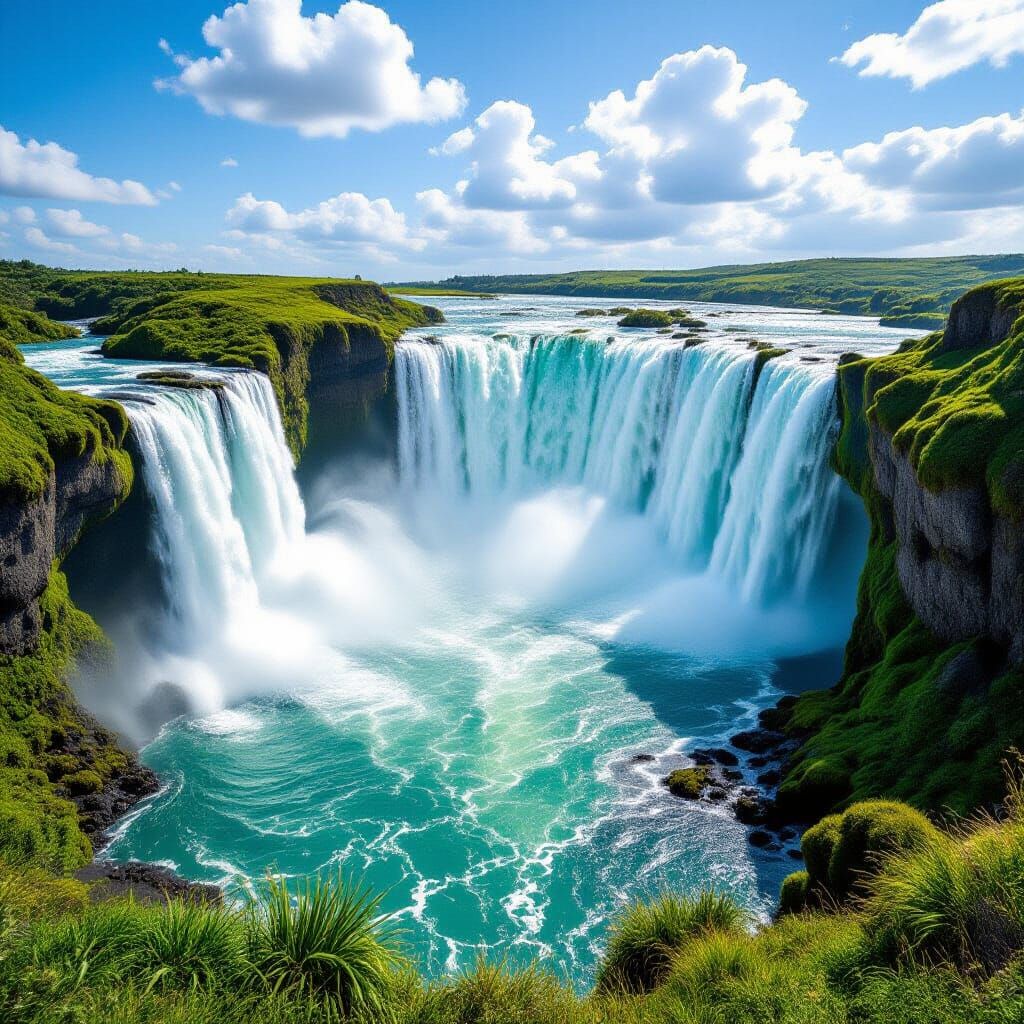 Massive Waterfall Plunges Into Sky Blue Lake