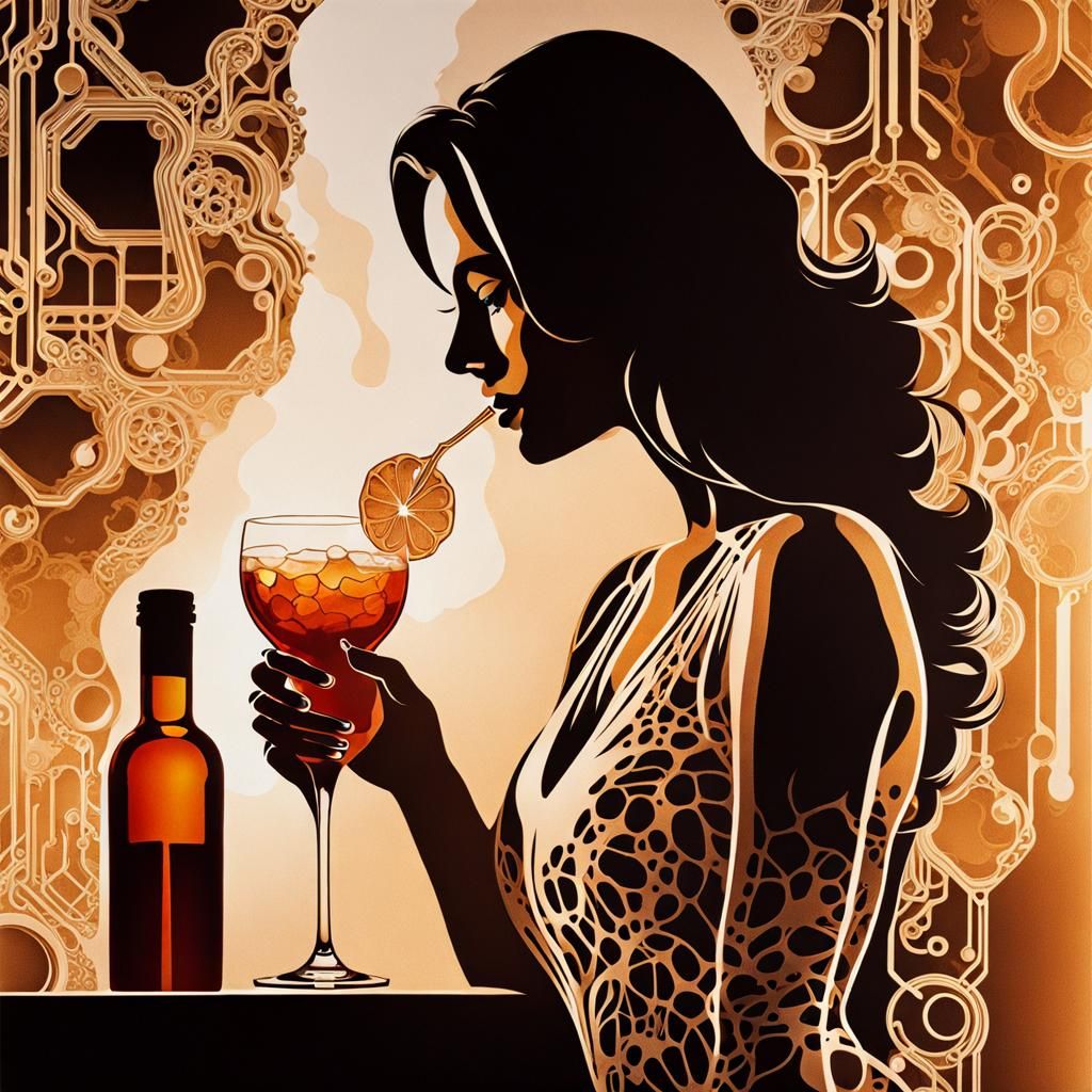 Chemigram Art: Woman at Bar with Drink