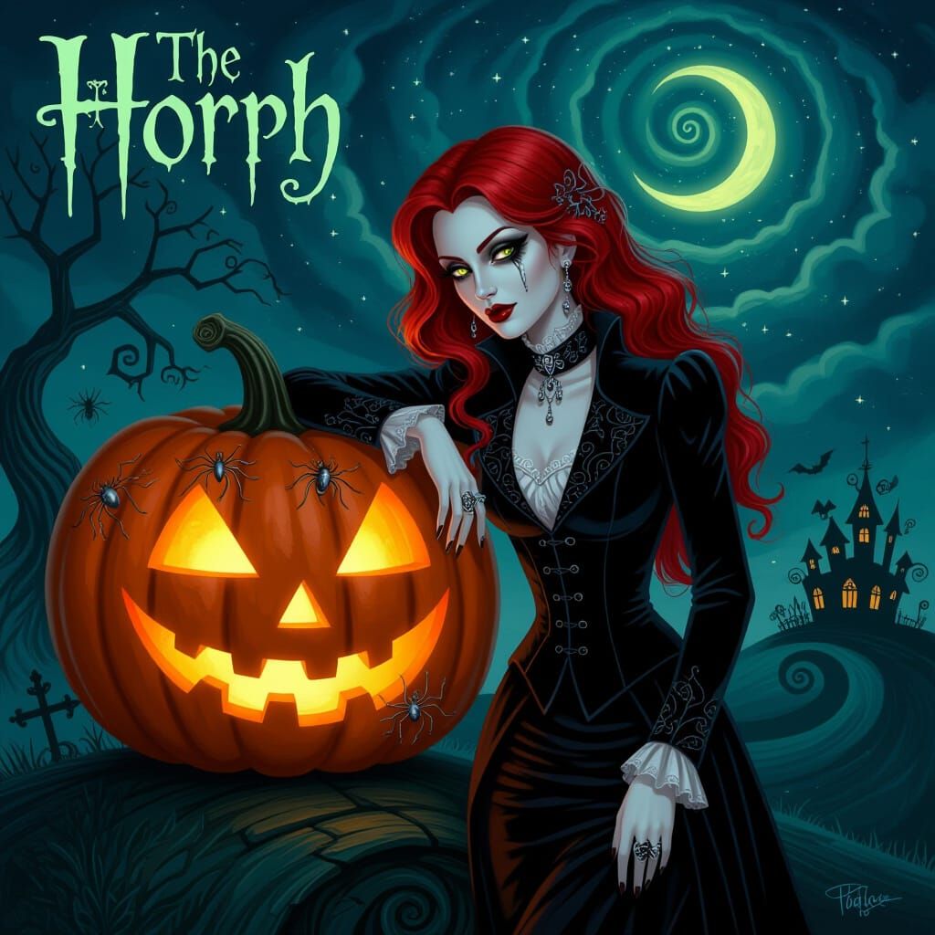 Gothic Woman & Jack-o'-Lantern Poster Art in Tim Burton Styl...